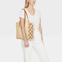 Straw Packable Checker Boxy Tote Handbag - Universal Thread™ Beige