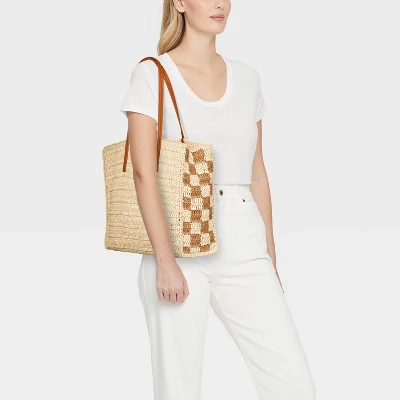 Straw Packable Checker Boxy Tote Handbag - Universal Thread™ Beige 3 Straw Packable Checker Boxy Tote Handbag - Universal Thread™ Beige