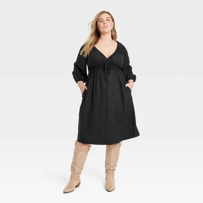 Women's Tie-Front Puff 3/4 Sleeve Midi Dress - Universal Thread™ 5 Women's Tie-Front Puff 3/4 Sleeve Midi Dress - Universal Thread™ - Image 3