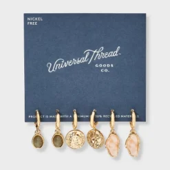 Labradorite Stone And Coin Hoop Earring Set 3pc - Universal Thread™ Gold