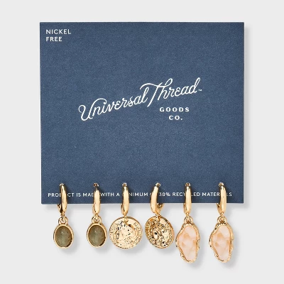 Labradorite Stone And Coin Hoop Earring Set 3pc - Universal Thread™ Gold 3 Labradorite Stone And Coin Hoop Earring Set 3pc - Universal Thread™ Gold